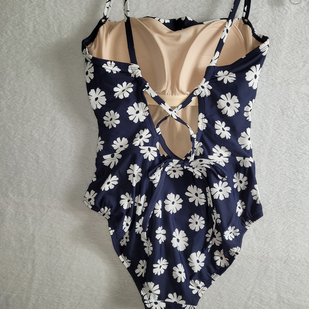 Kona Sol Women's Navy White Floral Print Size L One Piece Swimsuit Cover Up - Picture 2 of 12